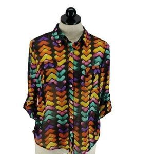 Madison Paige Hearts Valentines sheer Bold Print Button‎ Up long sleeve Blouse
